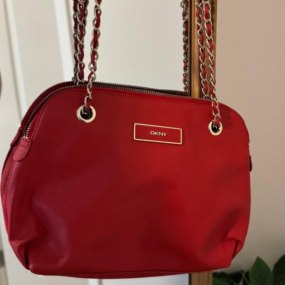 DKNY Red Leather Handbag | Flowing Chain Handle | Convertible Crossbody